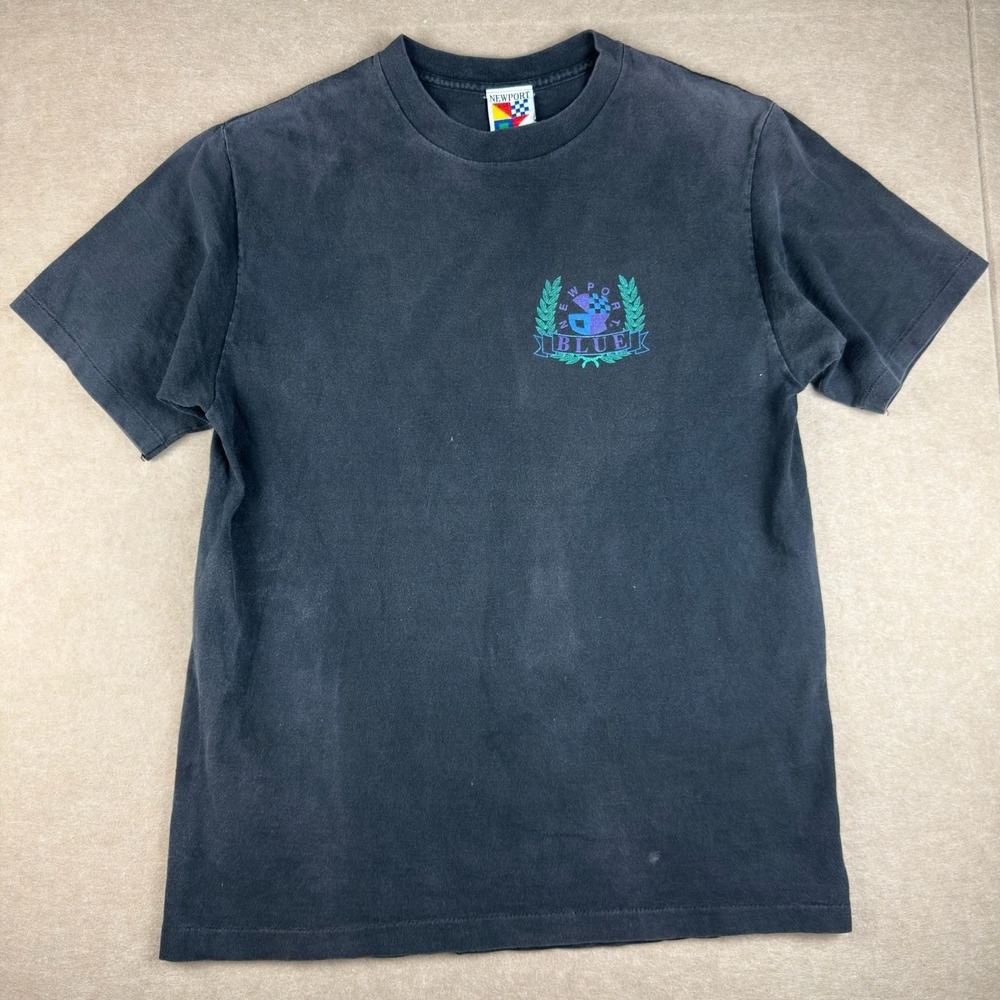 Vintage Newport‎ Blue Shirt Men L Black Single Stitch 1990 Crest Logo USA Tee